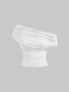 SHEIN Teen Girl Versatile Solid White Fitted Crop Top, Summer Casual Wear, High Neck Off-Shoulder Design, Elegant For Festivals, Countryside, Beach Vacation, Afternoon Tea And Other Occasions, Dignified Style, Suitable As Dancewear Or Cute Top - White - View 7