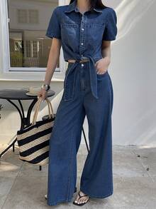 DAZY Conjunto de top con lazo y pantalones vaqueros casuales para mujer, vestido de invitada de boda de verano para mujer - Azul - Ver 5