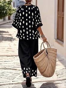 Balvessa Polka Dot Print V-Neck Shirt And Wide Leg Loose Straight Pants Two Pieces Set, Casual Vacation Outfit For Women - Multicolor - View 2