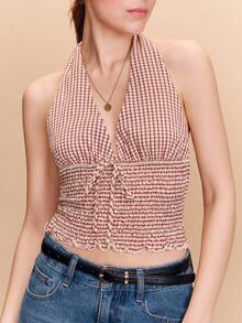 lacRébo Áo tank top kẻ caro màu đỏ tía với chi tiết buộc dây quanh cổ và eo xếp ly, kiểu dáng dễ thương cho kỳ nghỉ, trang phục mùa xuân hè kiểu Pháp, phong cách Paris, trang phục mùa hè cho nữ, trang phục retro cho phụ nữ. - Đỏ - Xem 5