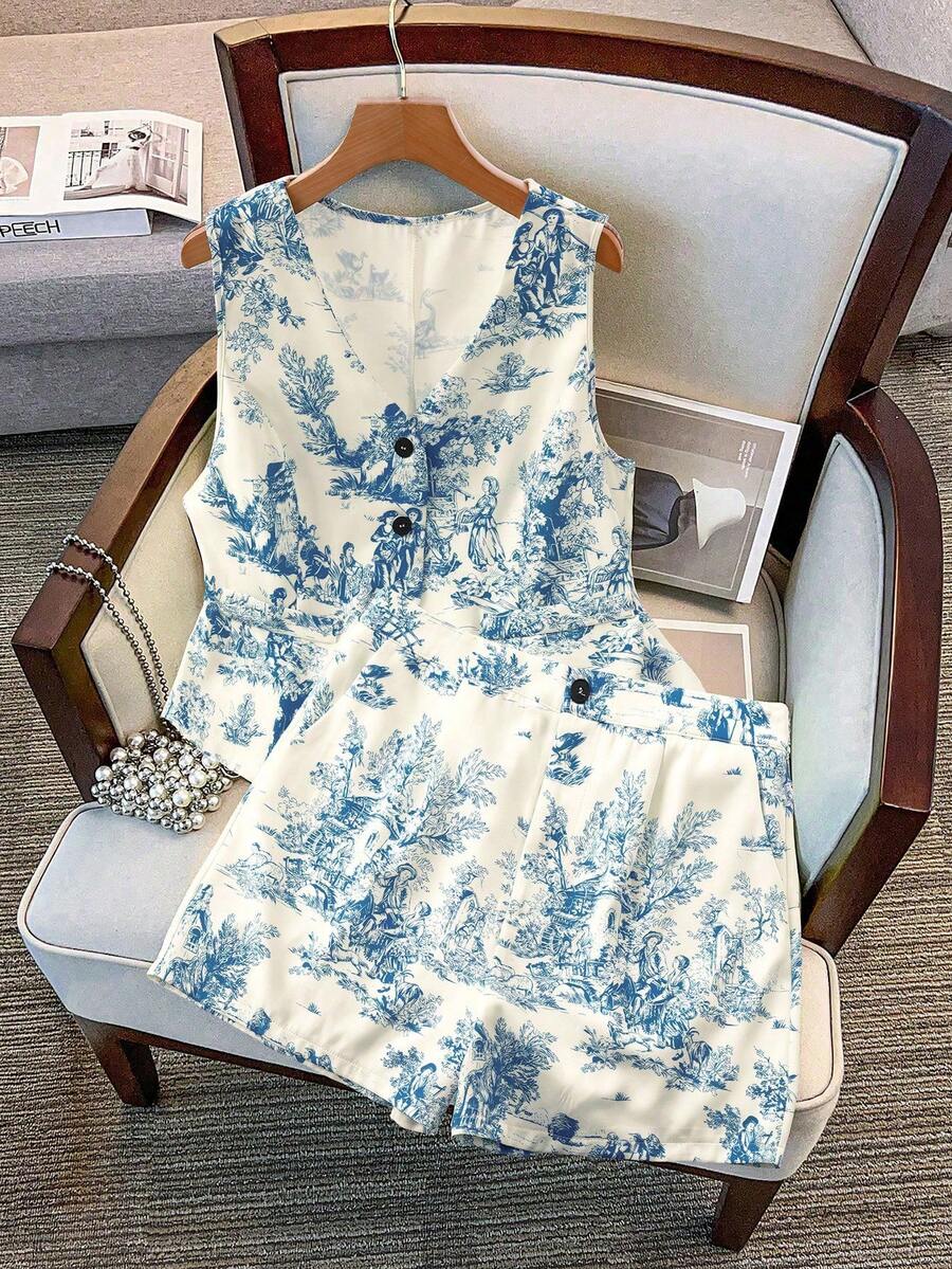 GlowEve CURVE Conjunto de 2 piezas de top de tirantes con botones y pantalones cortos con estampado todo sobre en talla grande para vacaciones de verano - Albaricoque - Ver 1