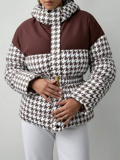 EURMUSE Women's Houndstooth Puffer Jacket – Short Belted Quilted Coat With Stand Collar, Boxy Fit, Winter Warmth, Fashion Outerwear, Waist Cinch, Insulated Casual Streetwear Cropped Jackets Jackets For Women Casual Brown Jacket Women Houndstooth Jacket Puffer Jacket Women Brown Blazer Women Brown 2 Piece Set