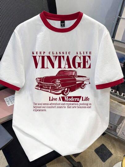 Camiseta de cuello redondo con estampado y patchwork, de talla estándar, casual para hombres, disponible en varios colores. Camiseta vintage para hombres.