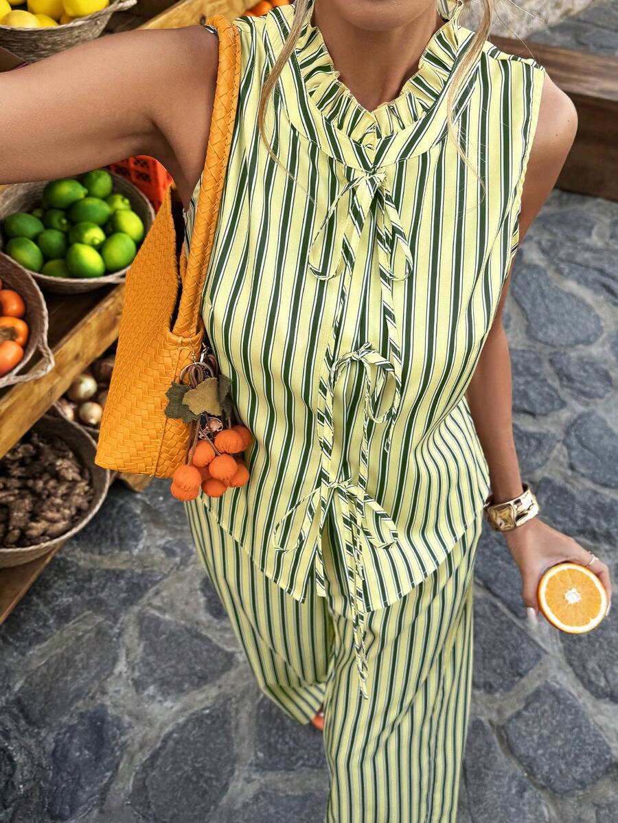 Selianne 黄色条纹无袖系带背心和裤子两件套 - 彩色 - 查看 1