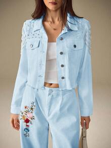 Selenza Áo sơ mi denim dài tay một hàng cúc, đa năng, dành cho nữ, trang trí giả ngọc trai. - Màu xanh lam - Xem 2