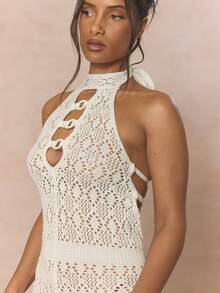 MUSERA High Neck Ring Cut Out Bust Detail Crochet Pattern Mini Short Playsuit Romper Unitard Cute Spring Holiday Girly Sugar Salt - White - View 2