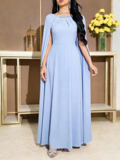 Modelyn Women's Elegant Party Gown, Minimalist Solid Color Pearl Decor Cape Long Dress