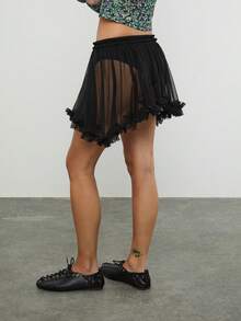 COUREZ Mesh Mini Ruffle Skirt /Y2K Spring Clothes For Women Black Skirts Spring Break Outfits Sexy Going Out Outfits Summer Outfits Summer Skirts Short Skirts - Black - View 6