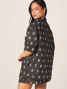 Missguided x Playboy Women's Oversized Letter Print Shirt And Shorts Two Piece Coordinating Set Summer Casual Matching Outfits - Black and White - View 3