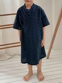 Dazy Kids 男童格子短袖睡袍和裤子睡衣套装 - 藏蓝色 - 查看 9