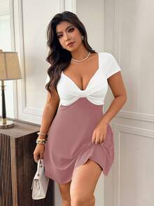 Femmeverse Vestido de fiesta elegante con cintura fruncida y parches para mujer de talla grande - Multicolor - Ver 6