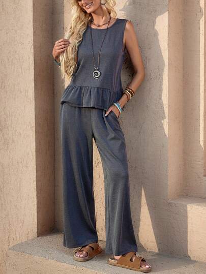 Wildy BOHO Casual American Western Country Vintage Distressed Women 2-Piece Outfit, Basic Short Sleeve T-Shirt And Pants Set For Spring/Summer Daily Wear, Commuting