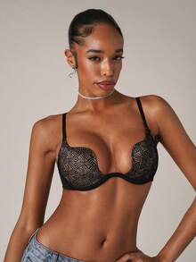 SHEIN BAE 女士细肩带露背印花时尚罩杯文胸 - 黑色 - 查看 1