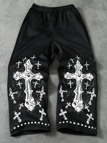 PAVTROS Men's Cross Print Drawstring Waist Wide Leg Casual Sweatpants Goth Bottoms Cross Pants Sweat Pants For Men Religious Clothing Goth Sweatpants - Black - View 3