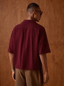 AKNOTIC 男士休闲时尚梭织短袖衬衫，饰有刺绣北极熊图案，适合夏季穿着 - 酒紅色 - 查看 6