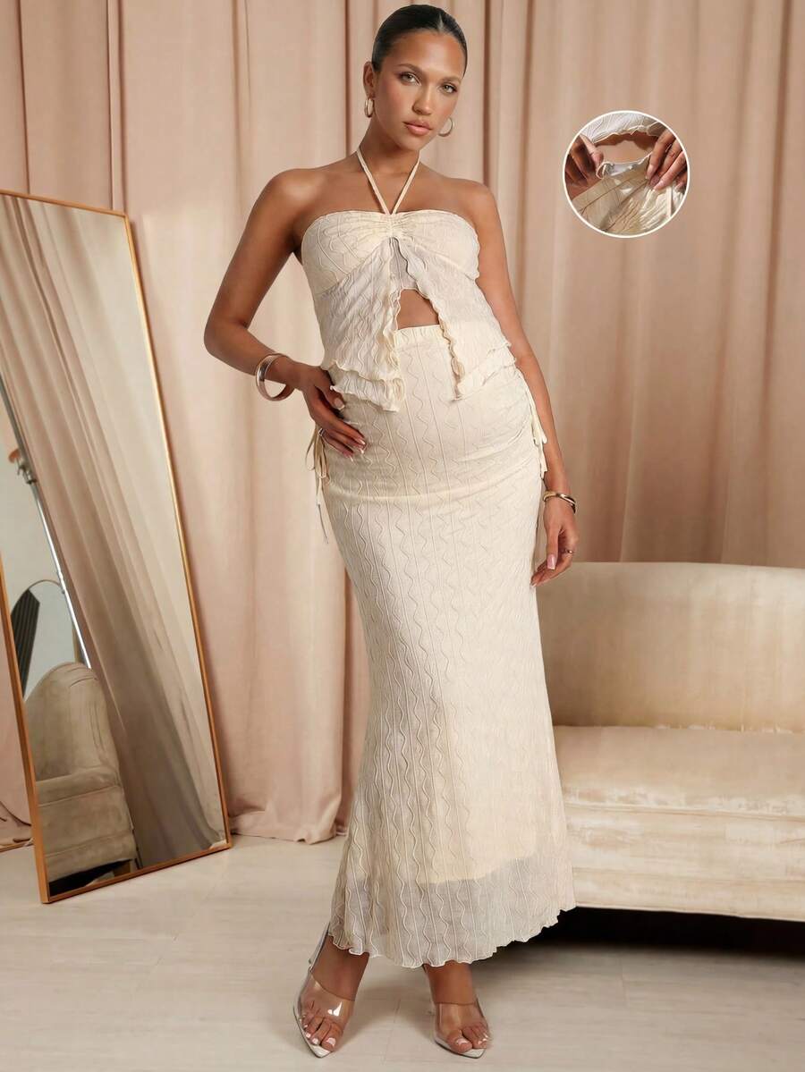 MaterniChic Maternity Clothes Maternity Co Ord Summer Pregnant Clothes Apricot-Colored Textured Two-Piece Set, Halter Collar Soft And Comfortable Elegant - Apricot - View 1
