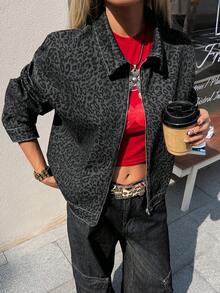 Livesso Women's Leopard Print Loose Casual Denim Jacket - Grey - View 5