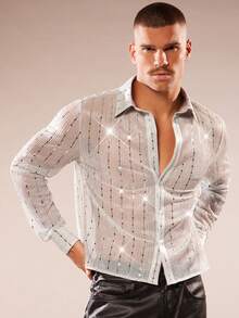 FeverCity Men's Sequin Embellished Long Sleeve Casual Shirt - Silver - View 4