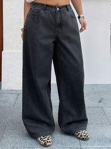 Dazy Plus Dark Wash Blue Waistband Patchwork Drawstring Straight Leg Long Jeans, All Season - Dark Grey - View 7