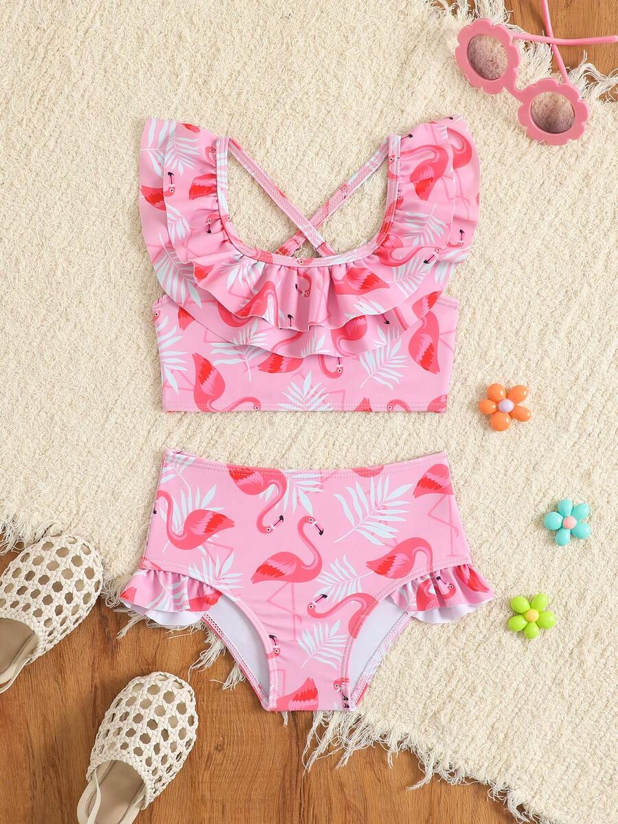 新款时尚婴儿及女婴火烈鸟印花荷叶边两件套比基尼套装 - 彩色 - 查看 1