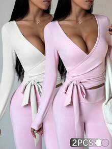 Velisys 2pcs Women's Activewear Crop Top, White & Pink Combo, Fitted Tie-Front Design, Long Sleeve, Versatile For Daily Casual, Running, Yoga, Gym, Tennis, Golf - Multicolor - View 2