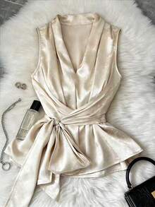 Selianne Women's Elegant V-Neck Sleeveless Wrap Tie Camisole Top, Pleated Satin Champagne Color, Unique Design, Suitable For Spring/Summer Vacation - Champagne - View 4