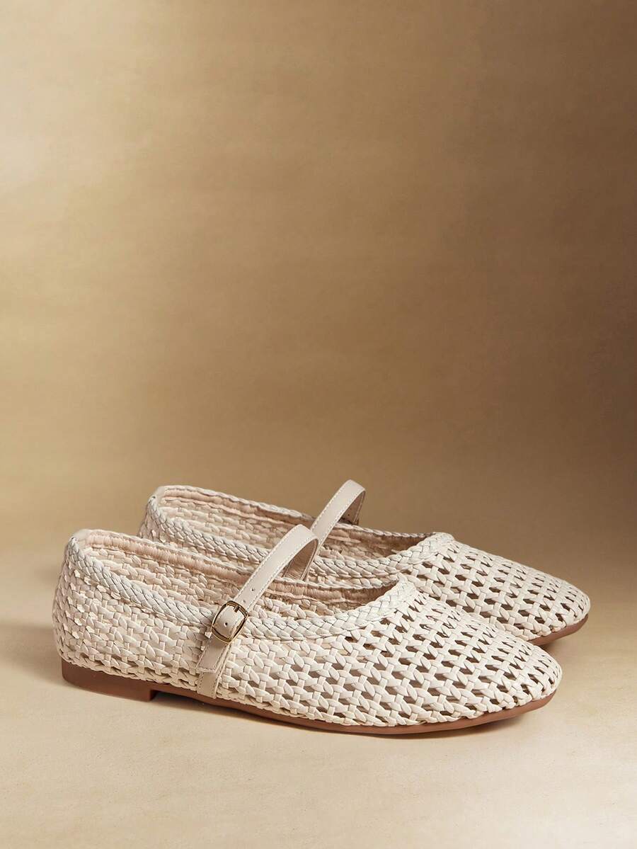 Rosivie Zapatos planos de material trenzado de PU, zapatos elegantes de estilo de oficina para ir y venir - Blanco roto - Ver 1