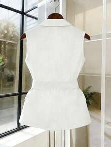 GlowEve Women's Sleeveless Waistcoat With Metal Buckle Waist Belt, Fashionable Versatile Elegant Outerwear - White - View 2