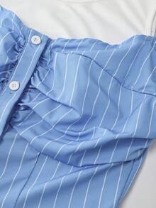 Women's Striped Ruched Button Design Off-Shoulder Fashion Blouse - Blue - View 8