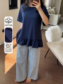 DAZY 纯色荷叶边T恤上衣和格子睡裤女士夏季睡衣套装 - 藏蓝色 - 查看 4