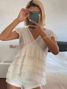 DAZY Women's Solid Color V-Neck Ruffle Casual Fashionable Blouse - White - View 3