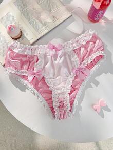 PetitDoll Quần lót nữ kiểu Lolita dễ thương Kawaii, màu hồng, xếp ly, điểm nhấn nơ, cạp cao bằng satin, kiểu quấn quanh, phối nhiều mảnh vải. - Hồng - Xem 5