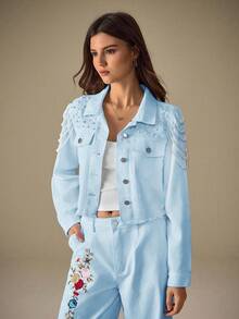 Selenza Áo sơ mi denim dài tay một hàng cúc, đa năng, dành cho nữ, trang trí giả ngọc trai. - Màu xanh lam - Xem 5