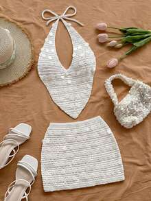 Soleia 女士性感V领系带露背吊带背心和高腰亮片毛衣两件套，适合派对、圣诞节、约会、夜店、海滩、邮轮、下午茶等场合，波西米亚风、浪漫花卉图案，度假钩针两件套，奶油色两件套，亮片两件套，秋冬季沙滩两件套 - 白色 - 查看 7