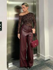 Bethéva 女士时尚豹纹网眼透视肩长袖紧身衣 - 咖啡棕 - 查看 5