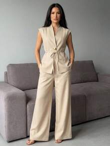 Lumalex 女士优雅杏色立领金属纽扣装饰无袖修身外套 + 女士杏色通勤双口袋修身直筒裤，春夏奢华新年新造型，低调奢华舞会聚会宴会低调奢华闪亮假日派对狂欢节郊游度假热门户外层次丰富的婚礼情人节礼物指南浪漫情人节穿搭季节宴会身份证派对新年派对造型狂欢女士服装外出穿搭女士休闲服装休闲商务办公着装 - 杏色 - 查看 7