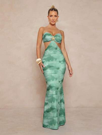 Lumalex Vestido con espalda descubierta y cintura con lazo estampado para mujeres