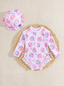 1 bộ áo tắm liền thân dài tay cho bé gái, có khóa kéo, nơ xinh xắn và họa tiết hoa, kèm mũ. - Nhiều màu - Xem 2