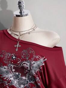 SHEIN ICON Camiseta holgada con hombros oblicuos y estampado punk para mujer de talla grande - Burdeos - Ver 5