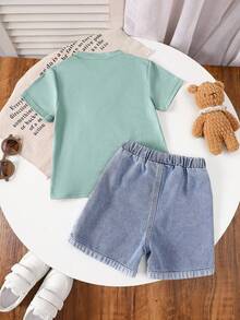 SHEIN Little Byeori 2pcs Kids Boy Casual Versatile Comfortable Round Neck Loose Short Sleeve Knit T-Shirt And Denim Shorts Set,Kids - Mint Green - View 6