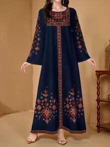 SHEIN Najma Women's Floral & Botanical Print Elegant Round Neck Long Sleeve Spring Arabic Style Dress, Modest Dress, Long Sleeve Dress - Multicolor - View 3