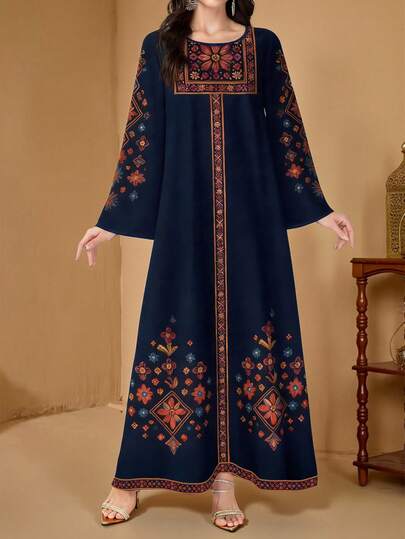 SHEIN Najma Đầm dài tay cổ tròn thanh lịch kiểu Ả Rập mùa xuân dành cho nữ, in họa tiết hoa lá.