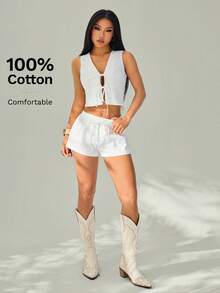 SHEIN PETITE Women's 100% Cotton 2 Pieces Set White Summer Boho Vacation Holiday Solid Color Tie Front Cropped Sleeveless Top And Shorts Casual Co Ord Outfit - White - View 7