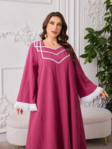 Al Najma Gaun Arab Wanita Model Musim Semi/Panas dengan Leher Bentuk Hati, Lengan Mengembang, Hiasan Renda Berongga di Bagian Bawah, dan Detail Patchwork, Gaun Sopan untuk Wanita - Hot Pink - View 7