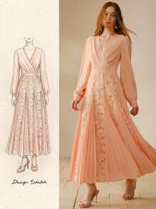 MOTF PREMIUM 女士撞色蕾丝褶裥中长连衣裙 - 橘色 - 查看 1