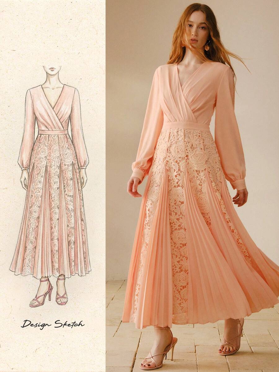 MOTF PREMIUM 女士撞色蕾丝褶裥中长连衣裙 - 橘色 - 查看 1