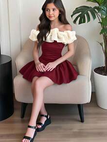 Firerie Kids Firerie Kids Đầm dự tiệc thanh lịch cho bé gái tuổi teen, kiểu dáng trễ vai, phối màu, vạt phồng xếp ly, ôm sát, viền hoa nổi bật, màu đen. - Màu Đỏ Sâu - Xem 7