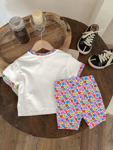 SHEIN 2pcs/Set Baby Girl Cute White Summer Clothes,Cartoon Rabbit Print Round Neck Short Sleeve T-Shirt And Shorts Set,Family Matching Toddler Easter Outfit - Multicolor - View 3
