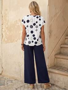 EMERY ROSE 2pcs Women's Vacation Casual Polka Dot Print Top And Pants Set - Multicolor - View 2