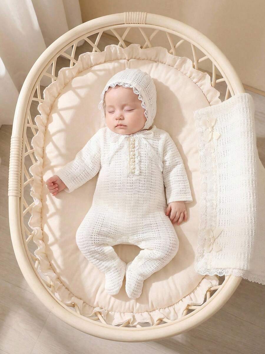 SHEIN 新生儿摄影连体衣，带脚套和配套帽子，男女宝宝摄影服装，珍珠拼接 - 白色 - 查看 1